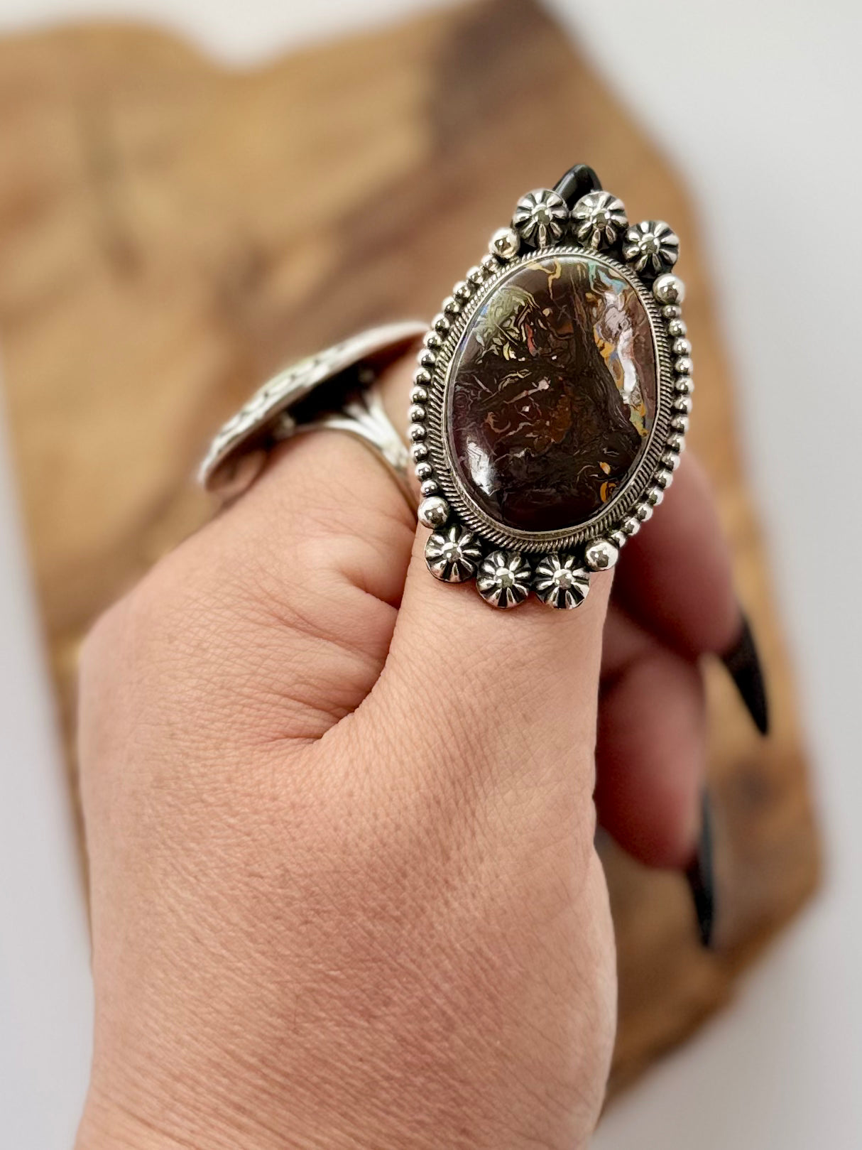 Sterling Silver Boulder Opal Ring -Artist- D. Benally- Size Adj. -Navajo Handmade