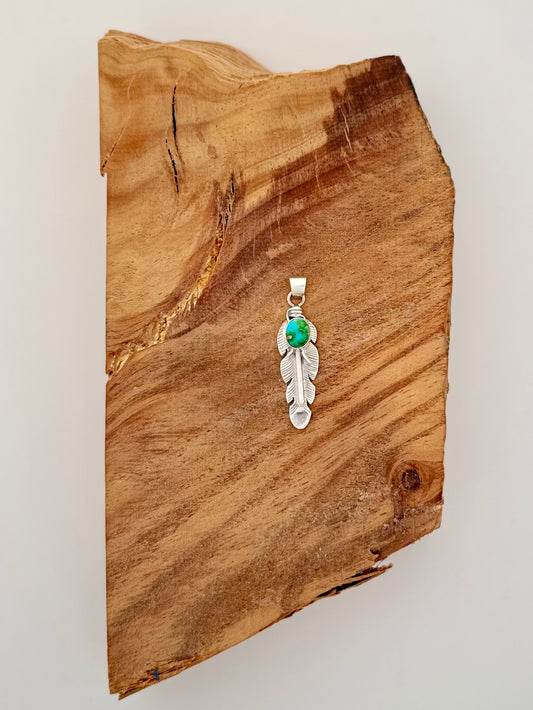 Sterling Silver Sonoran Gold Turquoise Feather Pendant -Artist- June Delgarito