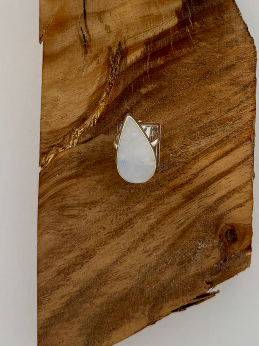 Moonstone Teardrop Ring - Sterling Silver - Size 7/Adj