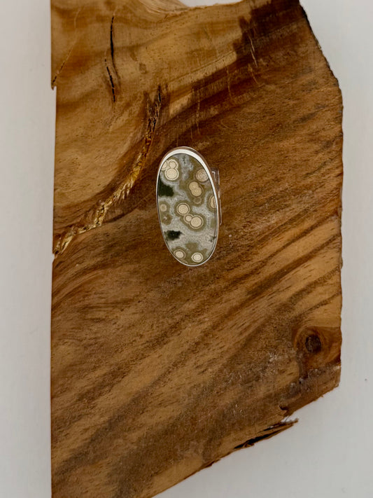 Ocean Jasper Oblong Ring - Sterling Silver - Native Made - L (artist stamp) - Size 9