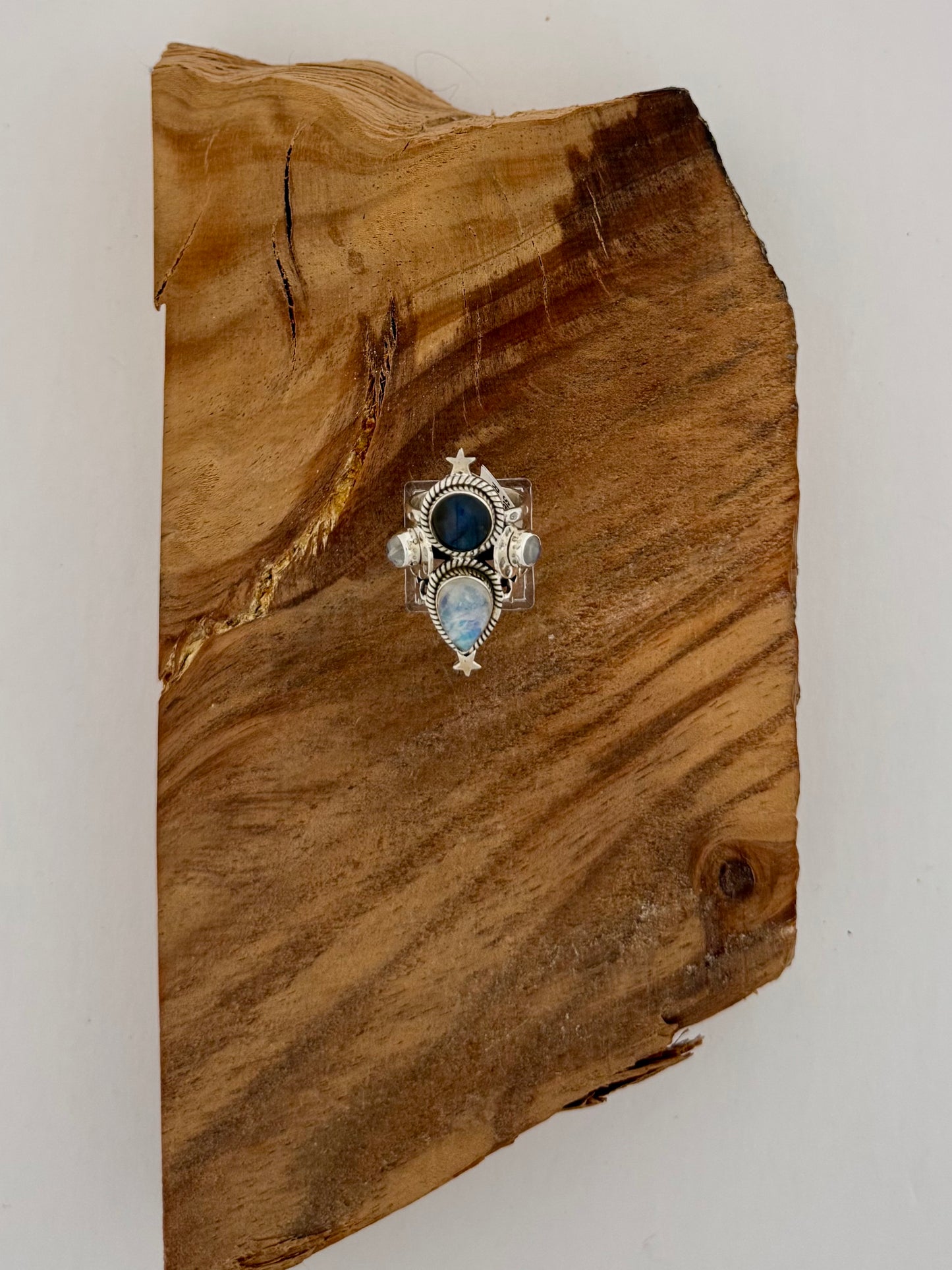 Moon Stone & Labradorite Stars Ring - Sterling Silver - Size 7