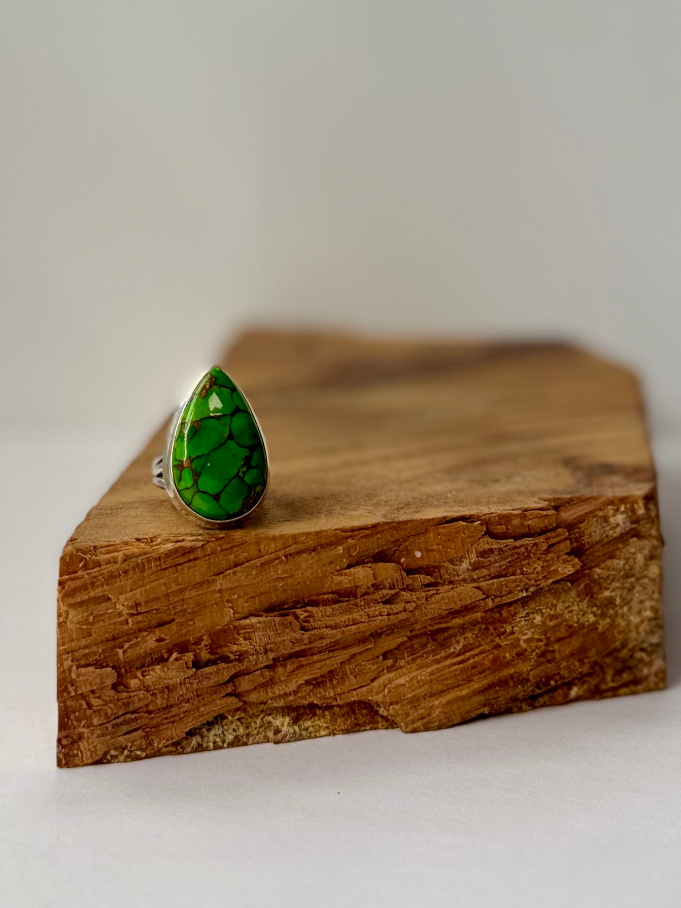 Green Copper Turquoise Teardrop Ring - Sterling Silver - Size 8