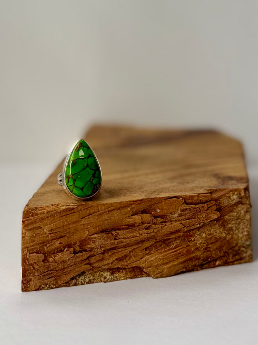 Green Copper Turquoise Teardrop Ring - Sterling Silver - Size 8