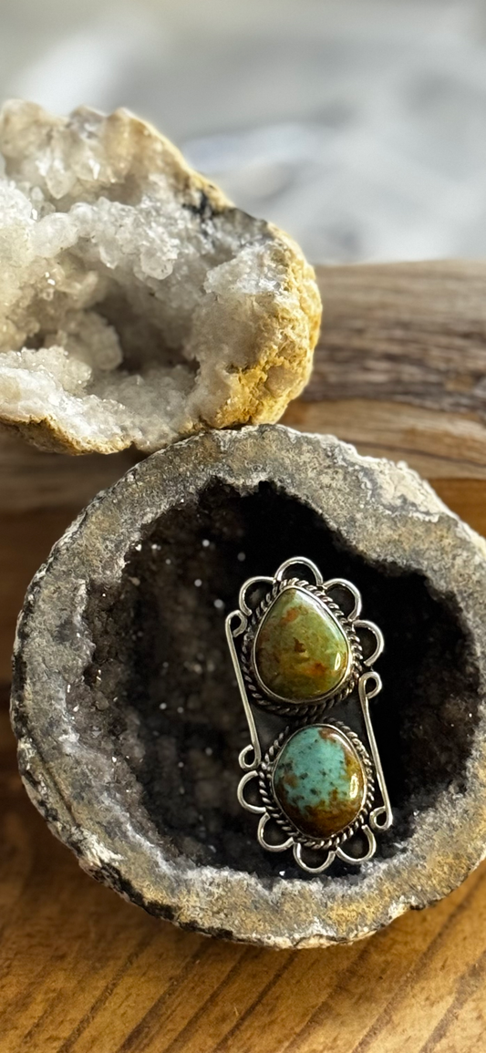 Dual Stone Ring - Kingman Turquoise - Sterling Silver - Size 8