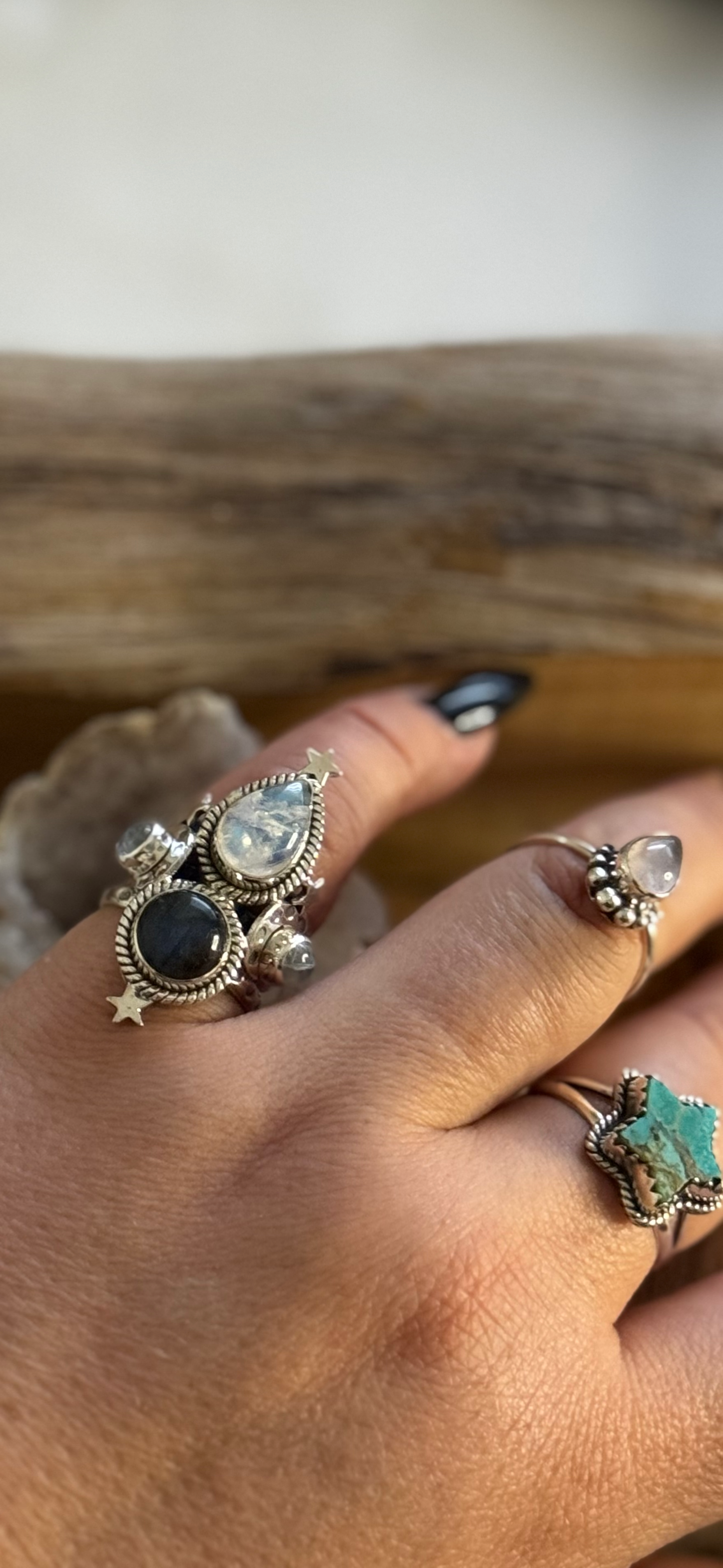 Dual Stone Ring - Moon Stone & Labradorite - Sterling Silver - Size 7