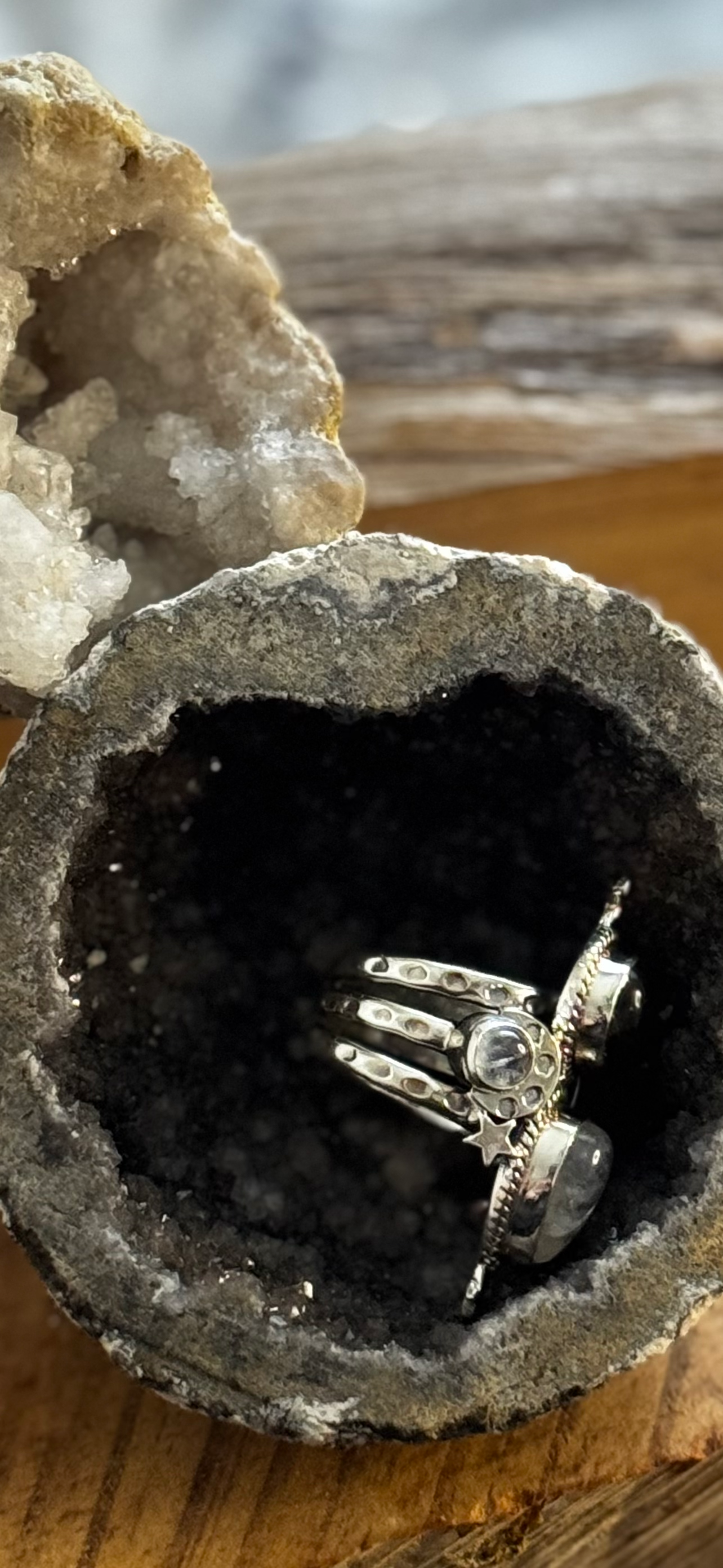 Dual Stone Ring - Moon Stone & Labradorite - Sterling Silver - Size 7