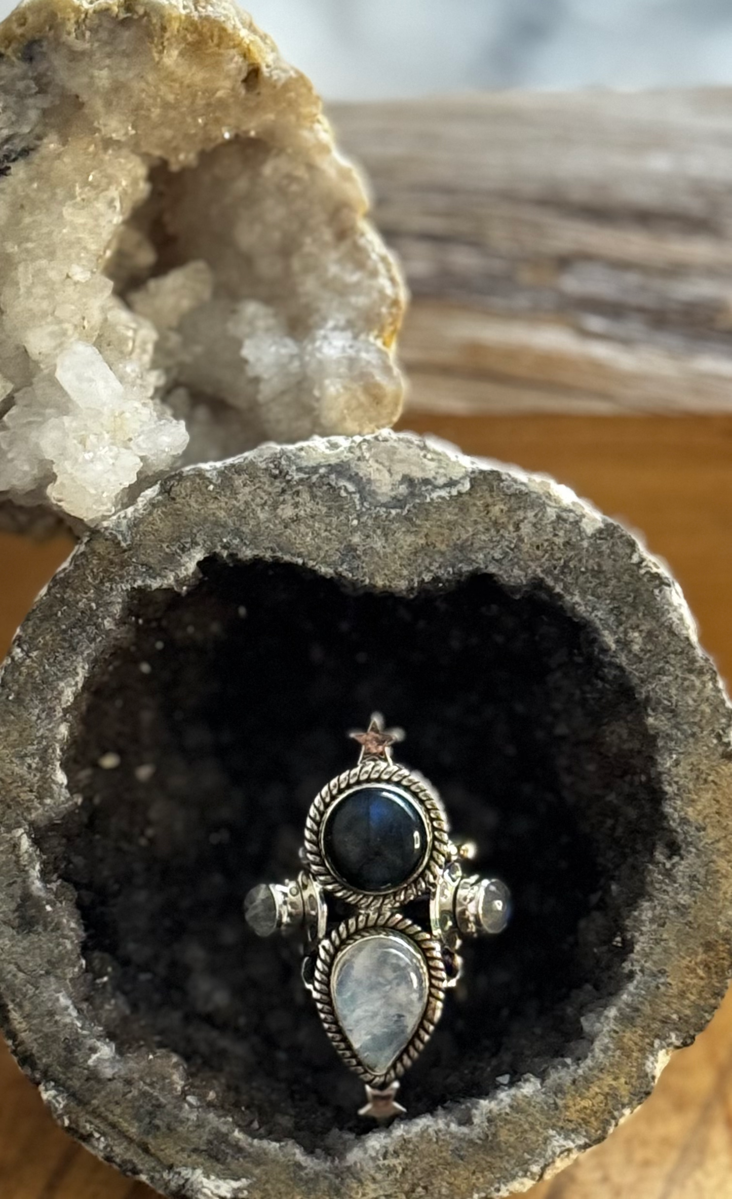 Dual Stone Ring - Moon Stone & Labradorite - Sterling Silver - Size 7
