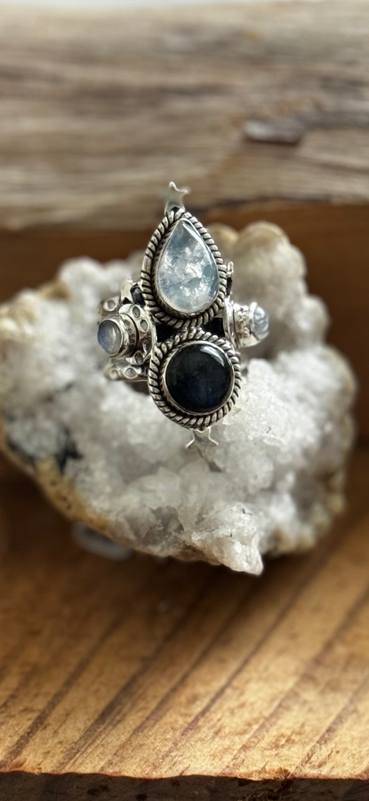 Dual Stone Ring - Moon Stone & Labradorite - Sterling Silver - Size 7