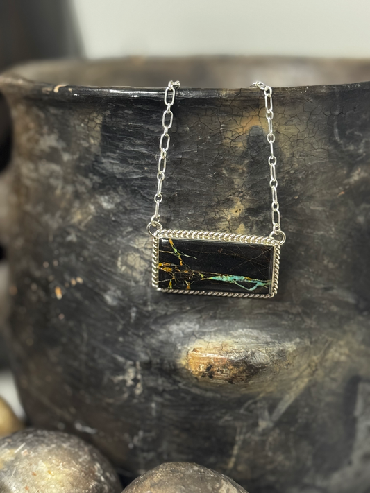 Bar Necklace with Stone - Black Jack - Sterling Silver - Native Handmade - E.M. Linkin (artist)
