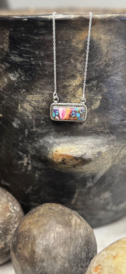 Necklace Bar - Pink Dahlia Stone - Sterling Silver