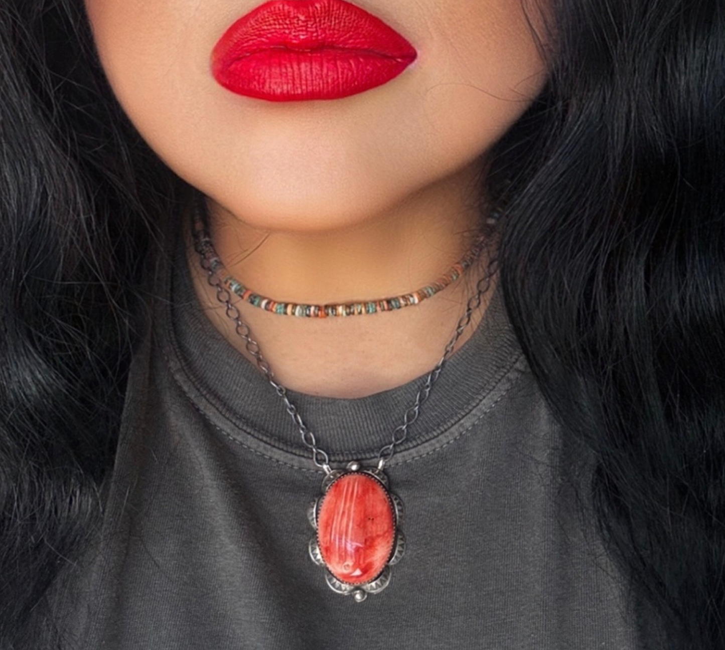 Necklace - Red Spiny Oyster - Sterling Silver - Native Handmade - Tia Long