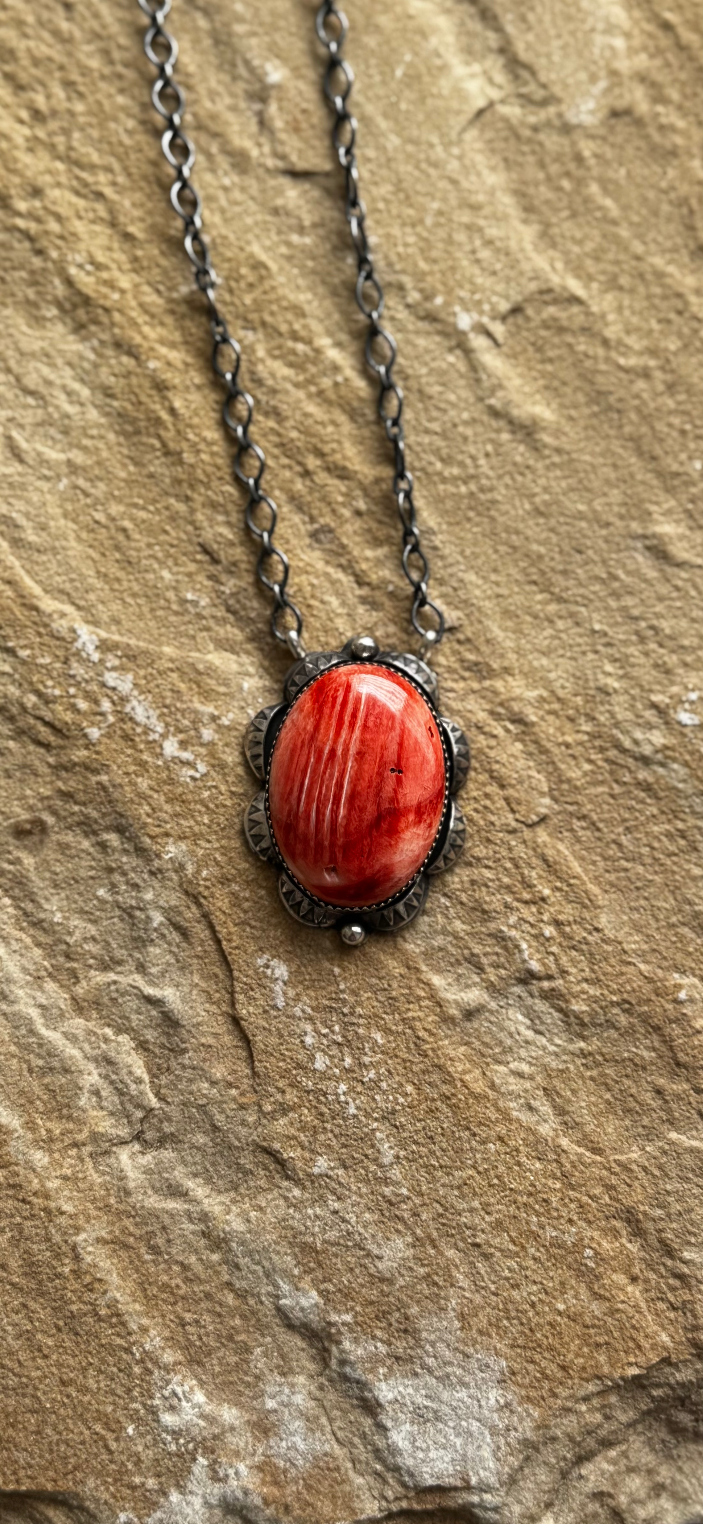 Necklace - Red Spiny Oyster - Sterling Silver - Native Handmade - Tia Long