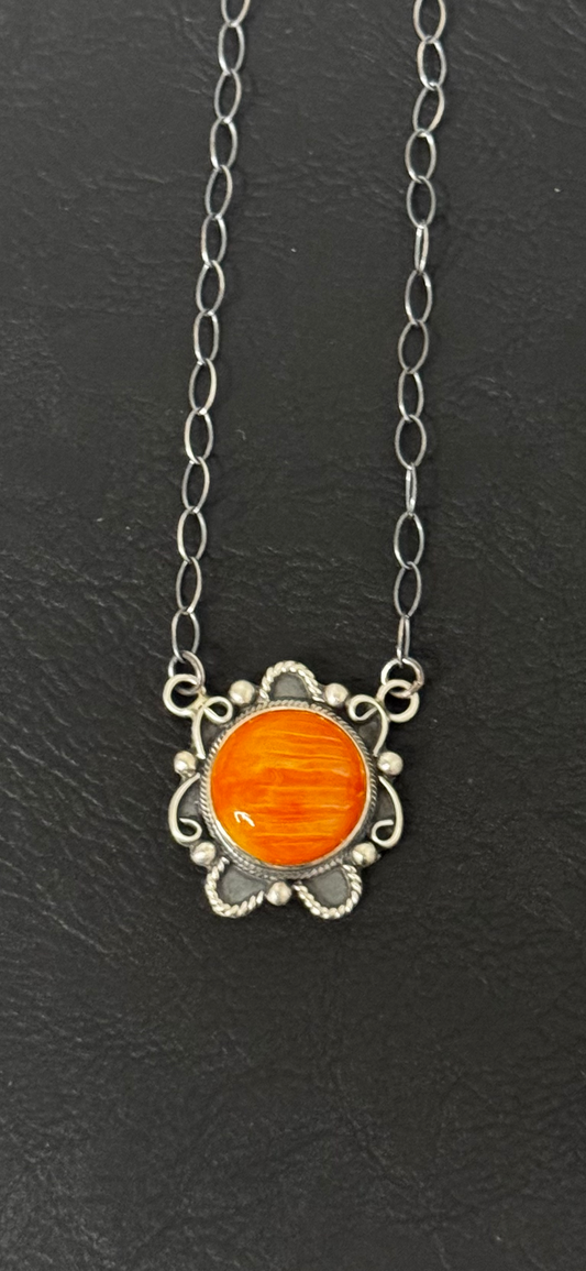 Pendant Necklace with Stone - Orange Spiny Oyster - Sterling Silver - Native Handmade - Jimmy Garcia (artist)