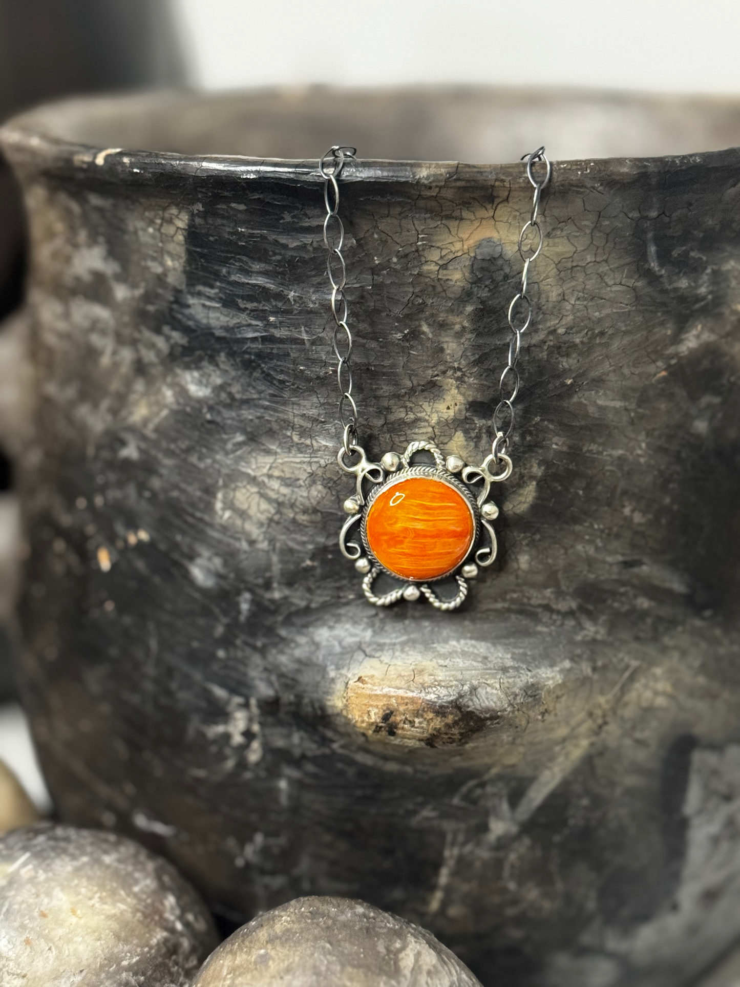 Pendant Necklace with Stone - Orange Spiny Oyster - Sterling Silver - Native Handmade - Jimmy Garcia (artist)