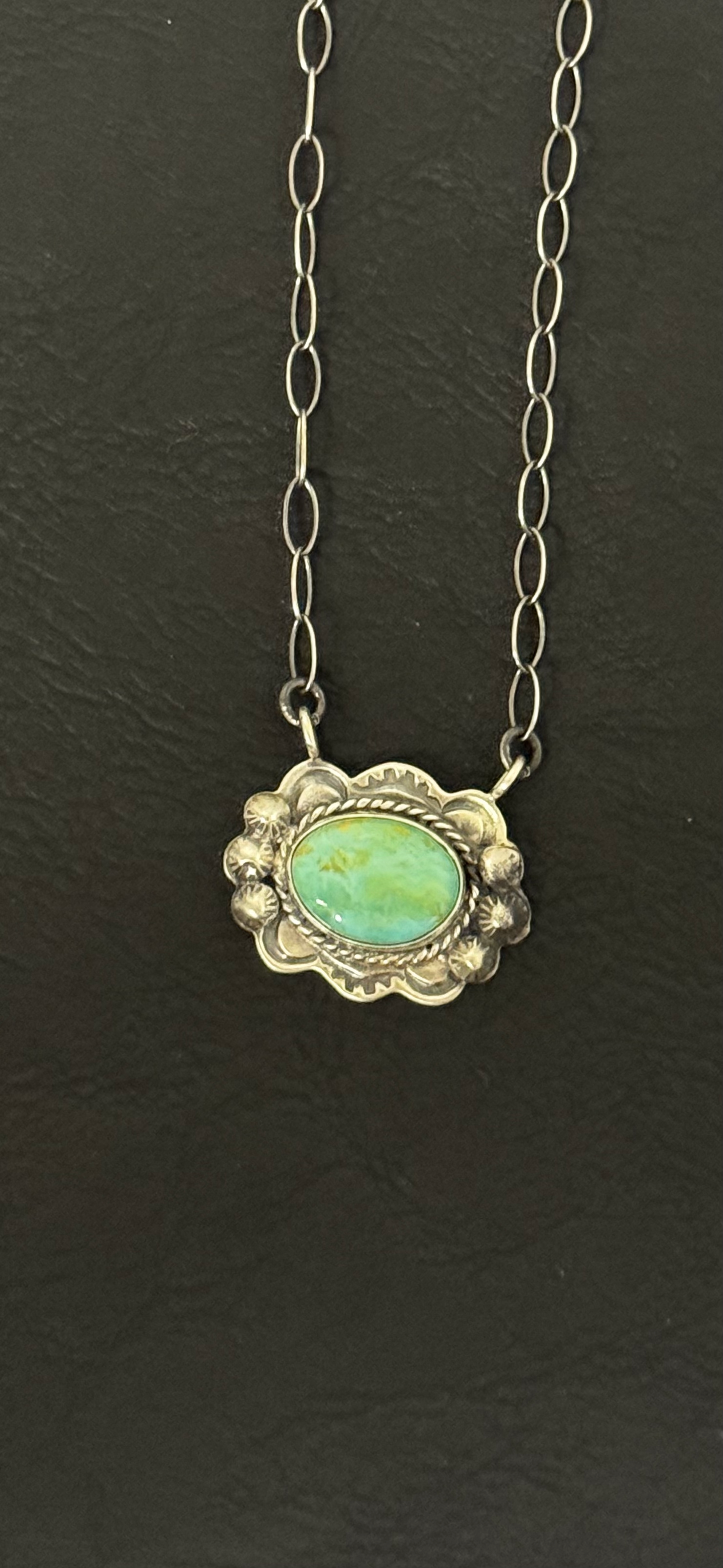 Ruffled Pendant Necklace - Green Turquoise - Sterling Silver - Native Handmade - Dan Henio (artist)