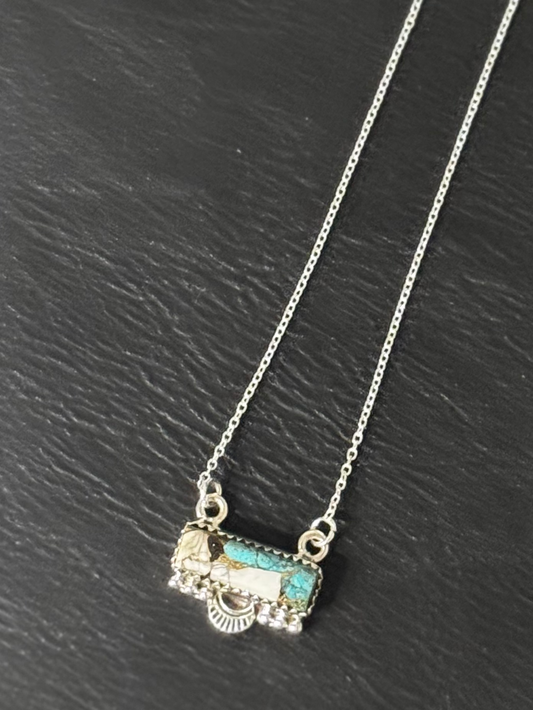 Necklace Bar - White Buffalo and Turquoise Stone - Sterling Silver
