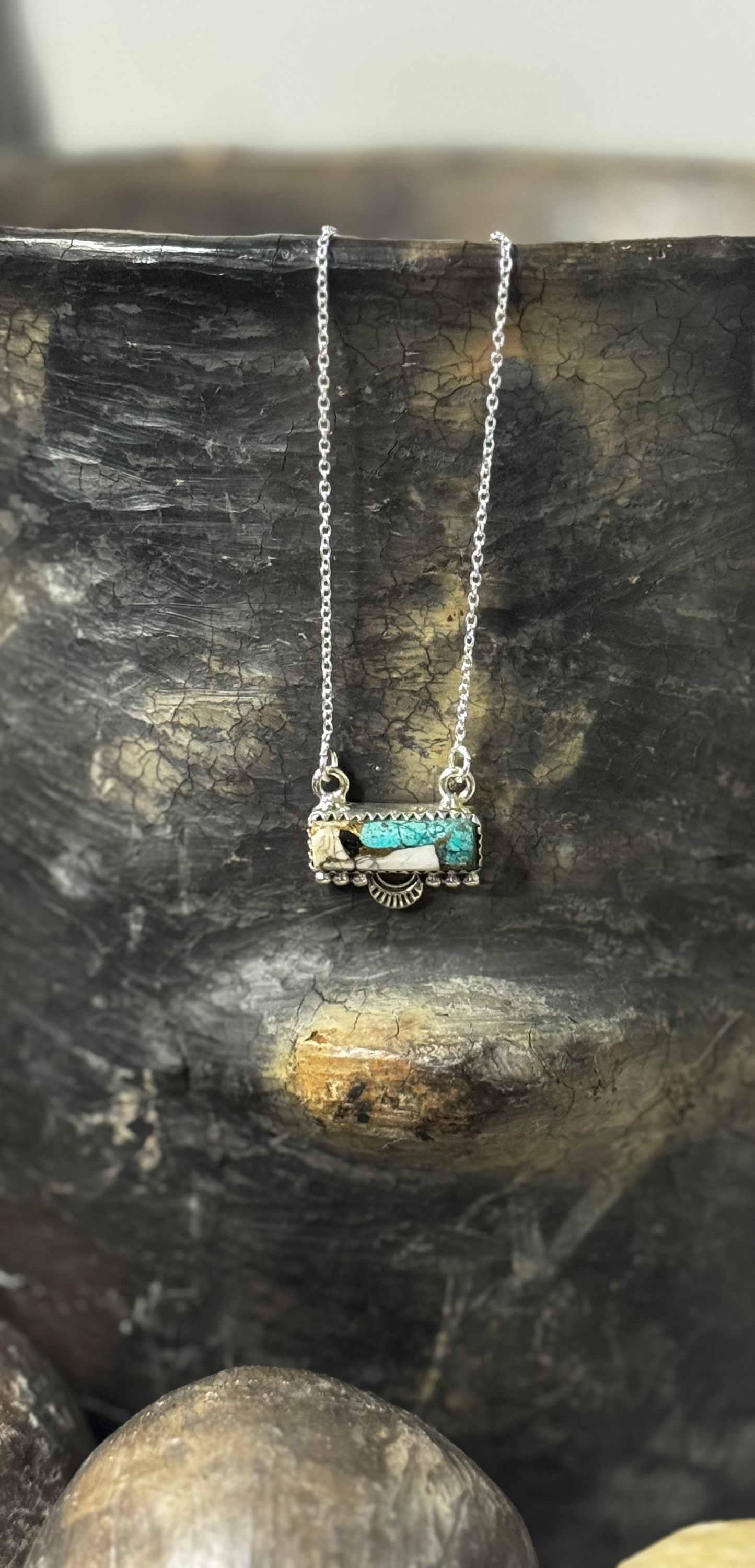 Necklace Bar - White Buffalo and Turquoise Stone - Sterling Silver