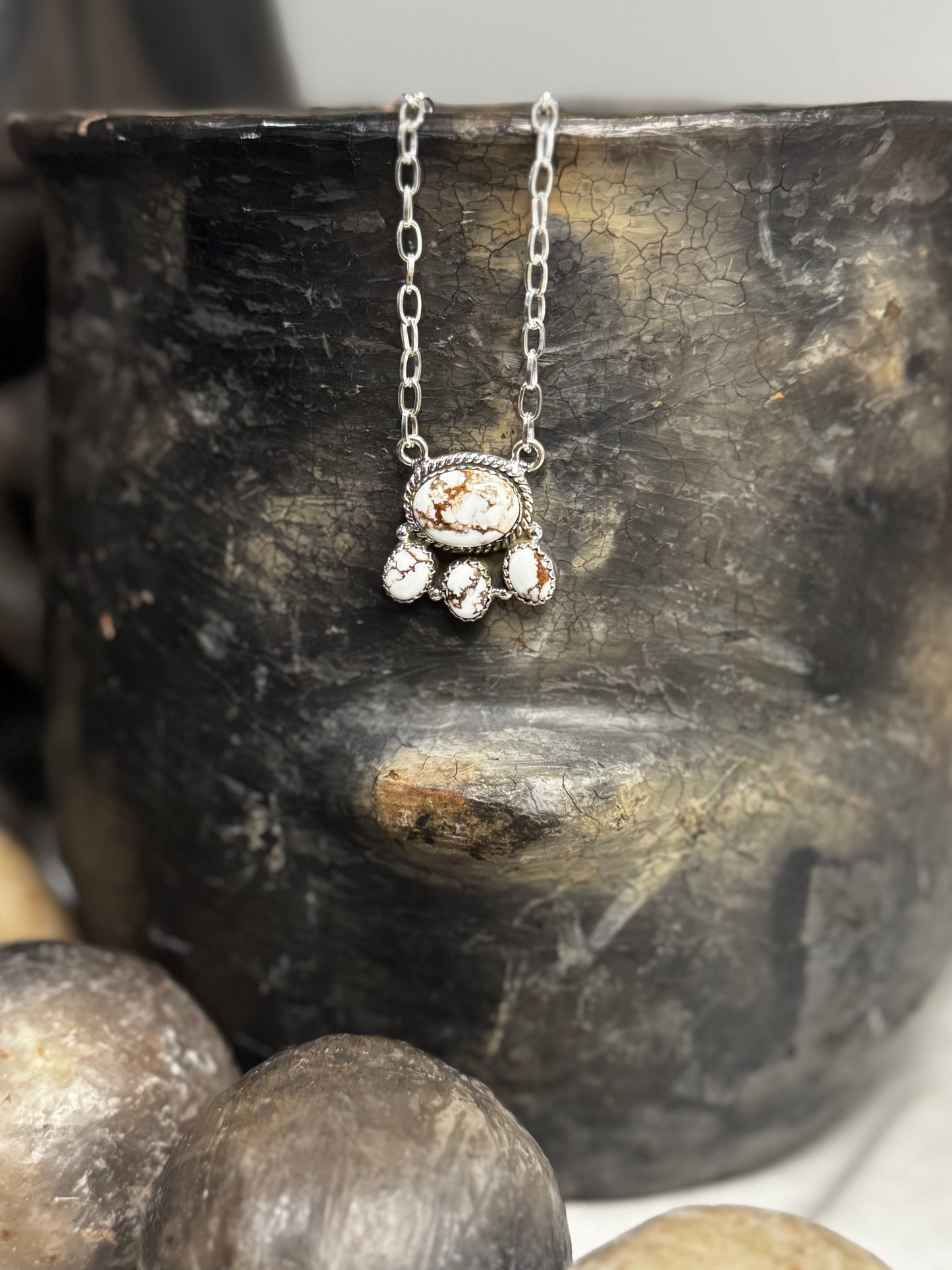 Multi Stone Necklace - White Horse - Sterling Silver