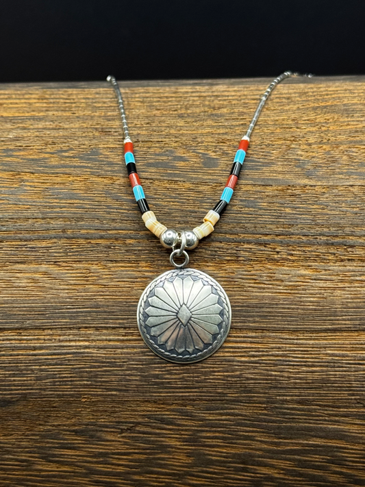 Concho Liquid Silver Necklace - Multi Color Beads - Sterling Silver