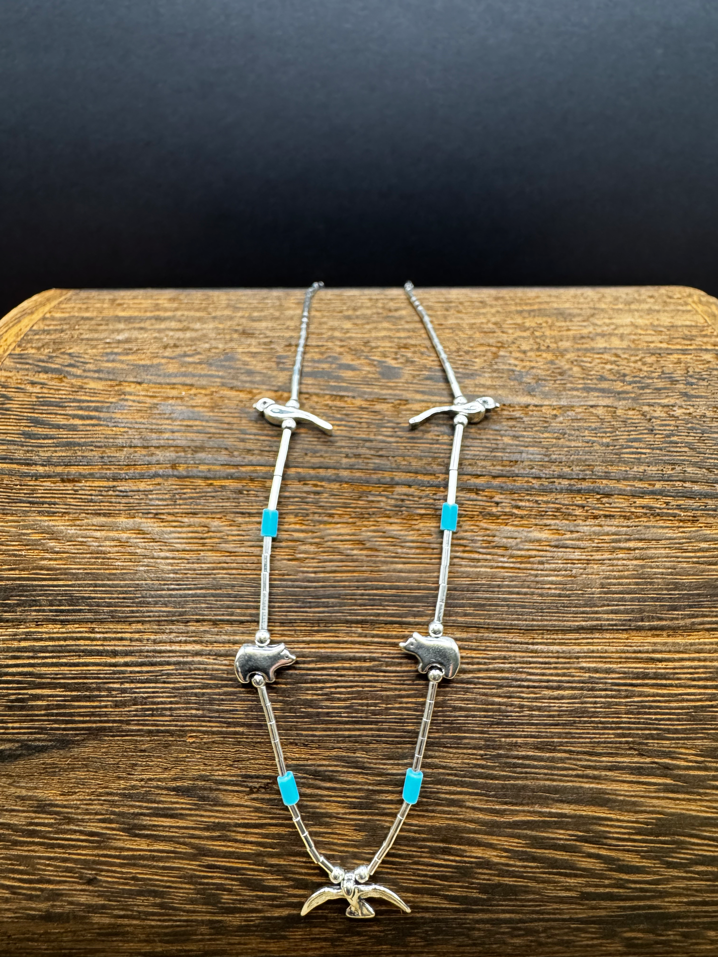 Multi Animal Liquid Silver Necklace - Blue Beeds - Sterling Silver