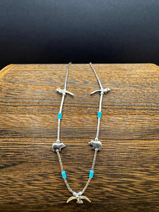 Multi Animal Liquid Silver Necklace - Blue Beeds - Sterling Silver