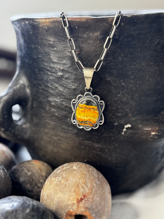 Oval Pendant with Ruffles - Bumblebee Jasper - Sterling Silver - Native Handmade - David Henio (artist)