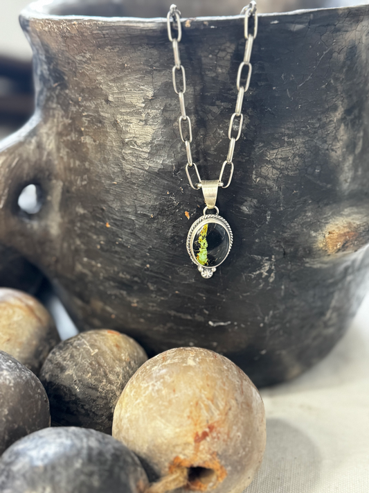 Oval Pendant with Adornments - Black Jack - Sterling Silver - Native Handmade - BKF (artist)