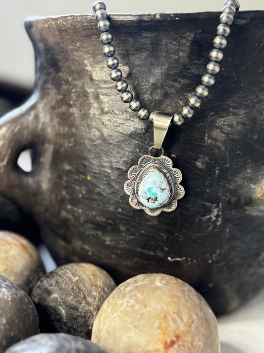 Teardrop Pendant with Ruffles - Golden Hills Turquoise - Sterling Silver - Native Handmade - Mark Yazzie (artist)