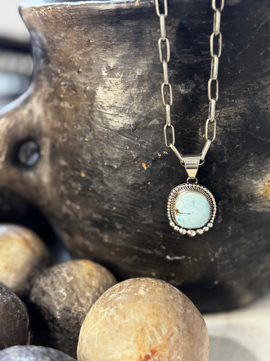 Round with Border Pendant - Golden Hills Turquoise - Sterling Silver - Native Handmade - C. Charie (artist)
