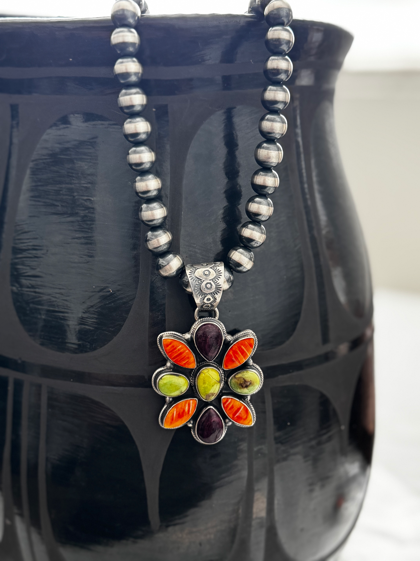 Multi Stone Pendant - Spiny Oyster (Orange, Purple) and Turquoise - Sterling Silver - Native Handmade - Bob Becenti (artist)