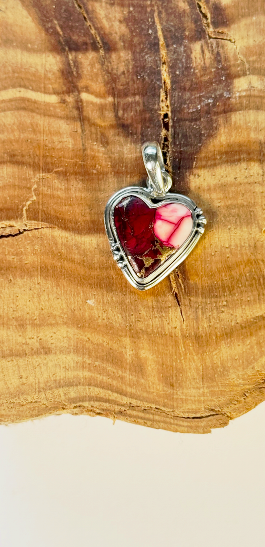 Red Rose Dahlia Heart Pendant - Sterling Silver