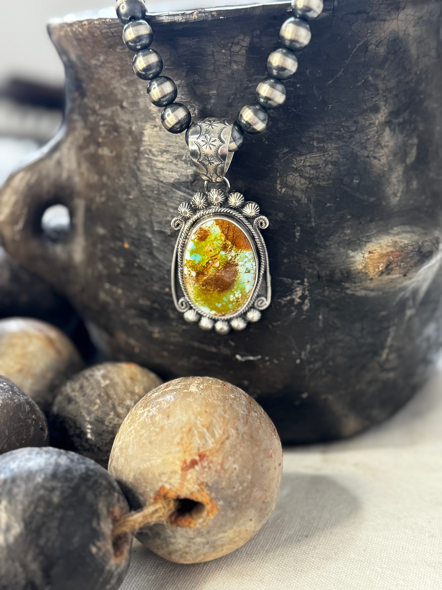 Oval Pendant with Embellishments - Royston Turquoise - Sterling Silver - Native Handmade - Bob Becenti (artist)