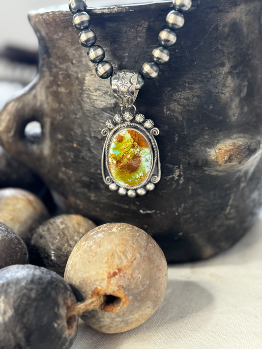 Oval Pendant with Embellishments - Royston Turquoise - Sterling Silver - Native Handmade - Bob Becenti (artist)