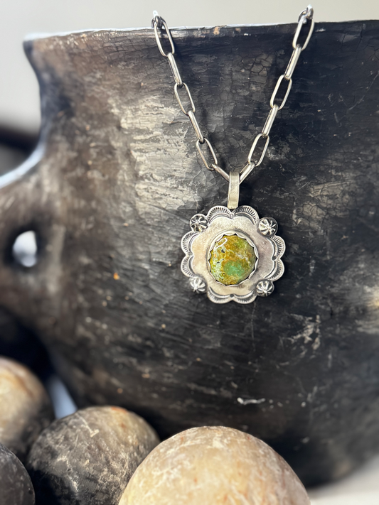 Round Pendant with Ruffles - Royston Turquoise - Sterling Silver - Native Handmade - Mark Yazzie (artist)