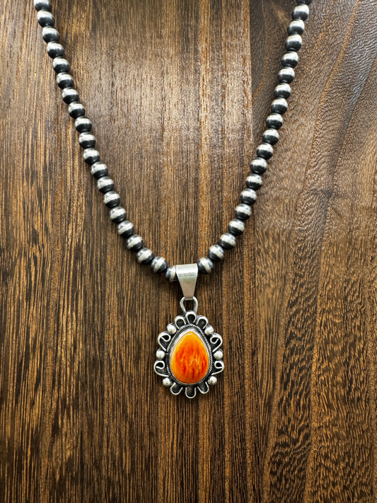 Orange Spiny Oyster Pendant - Sterling Silver - Native Handmade - Jimmy Garcia (artist)
