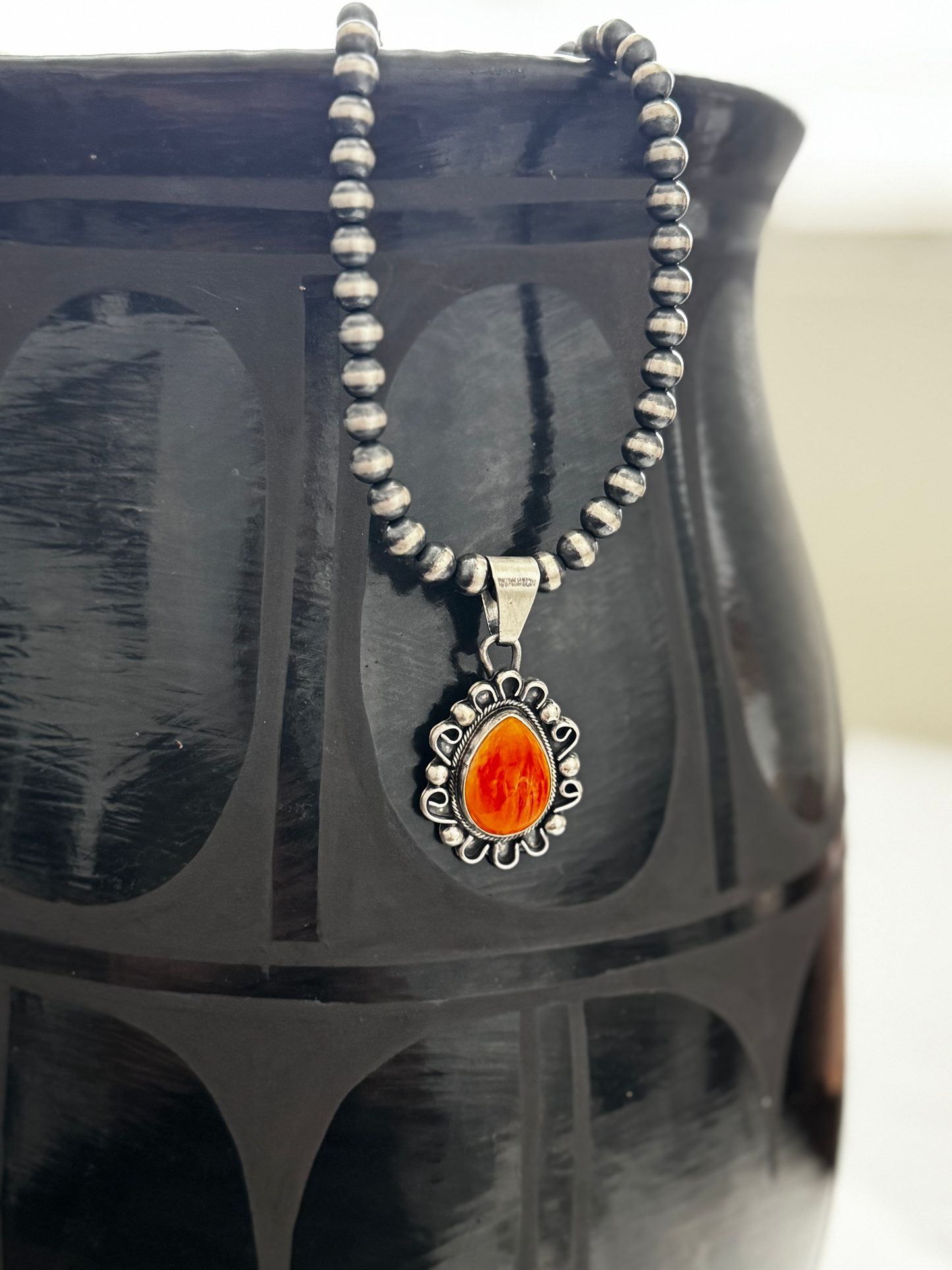 Orange Spiny Oyster Pendant - Sterling Silver - Native Handmade - Jimmy Garcia (artist)
