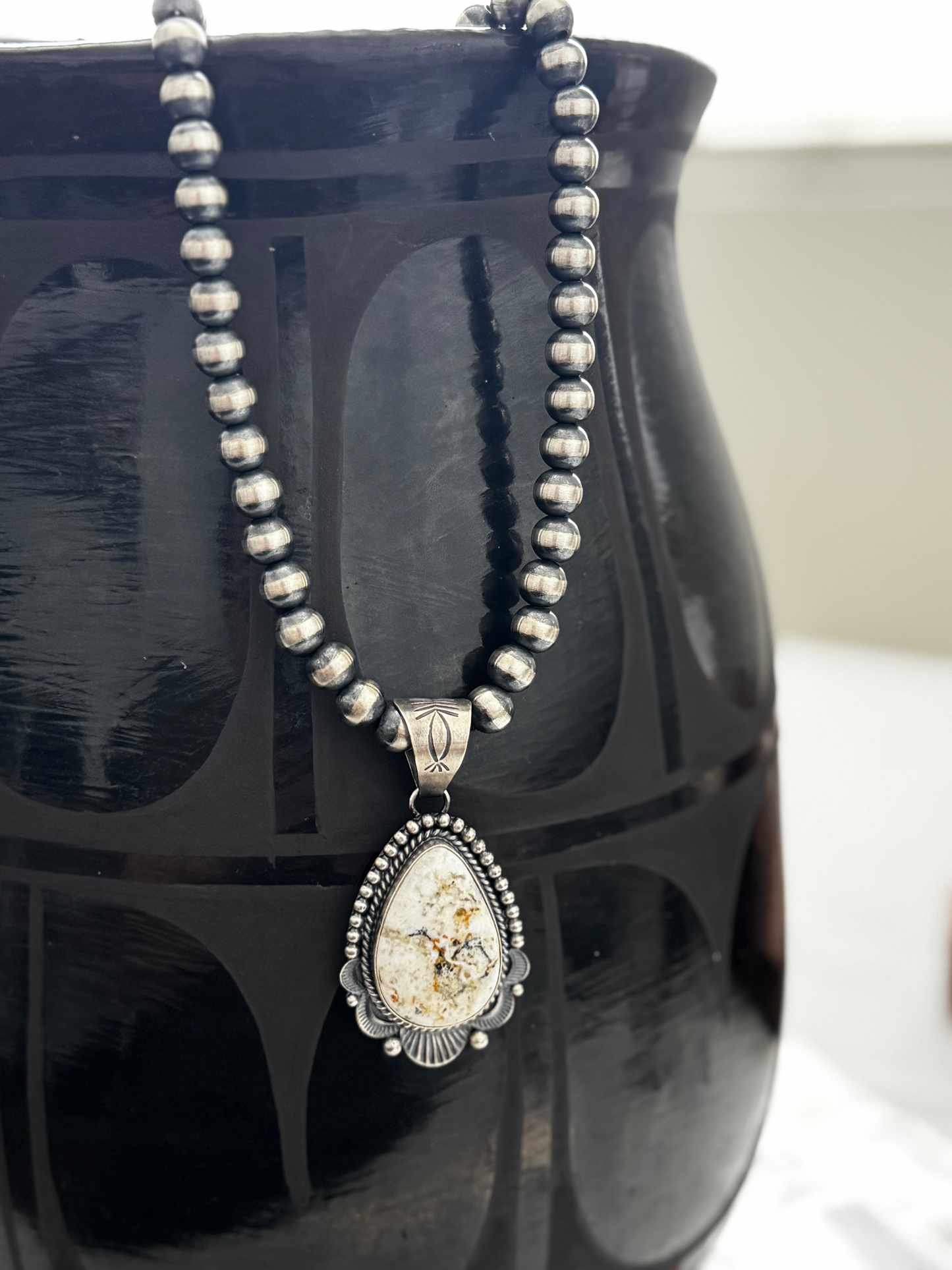 Tear Drop with Ruffles Pendant - White Buffalo - Sterling Silver - Native Handmade - Spencer (artist)