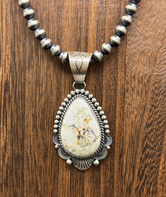 Tear Drop with Ruffles Pendant - White Buffalo - Sterling Silver - Native Handmade - Spencer (artist)