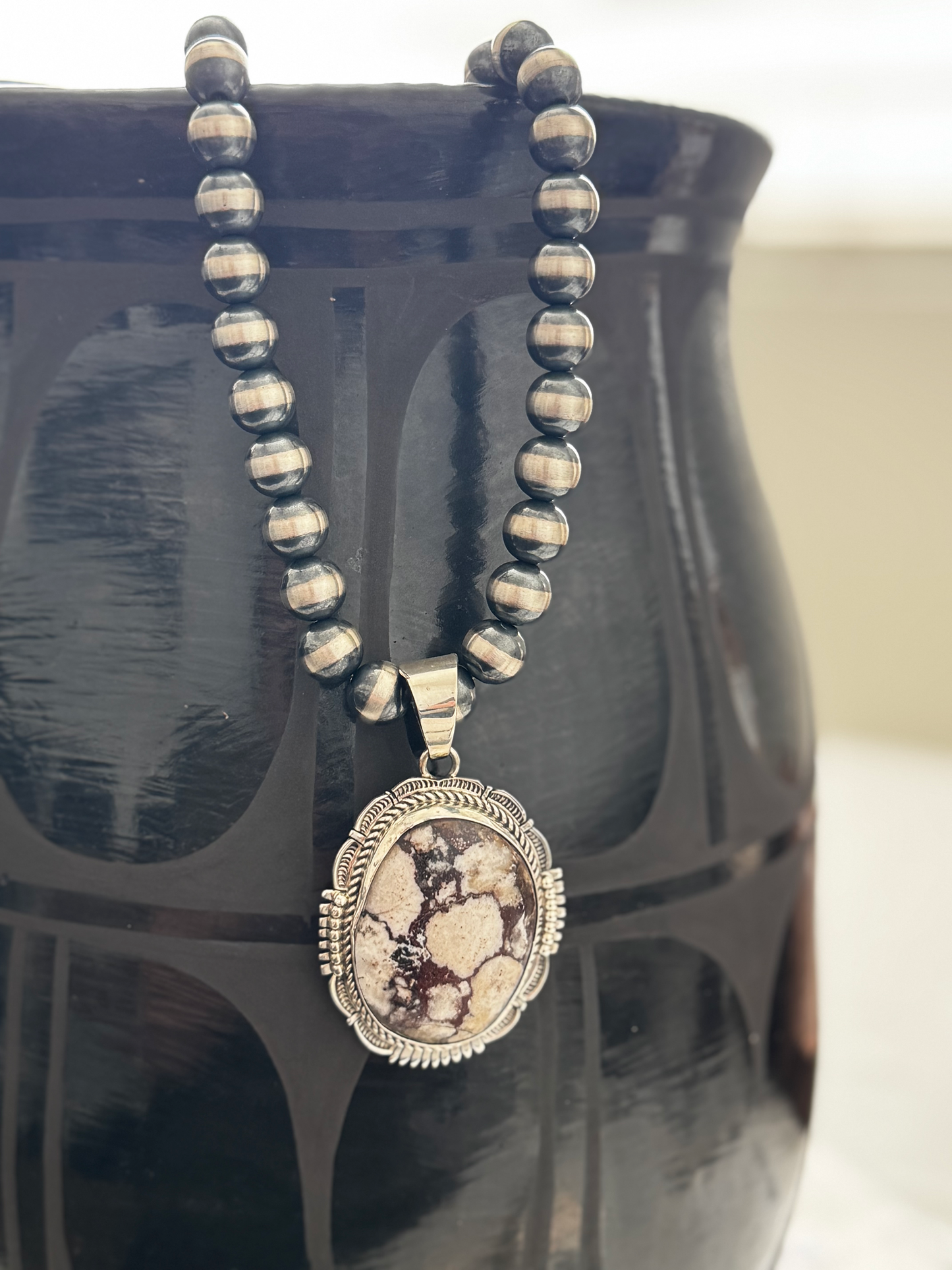 Oval Pendant with Scallops - White Horse - Sterling Silver - Native Handmade - Bennie Ration (artist)