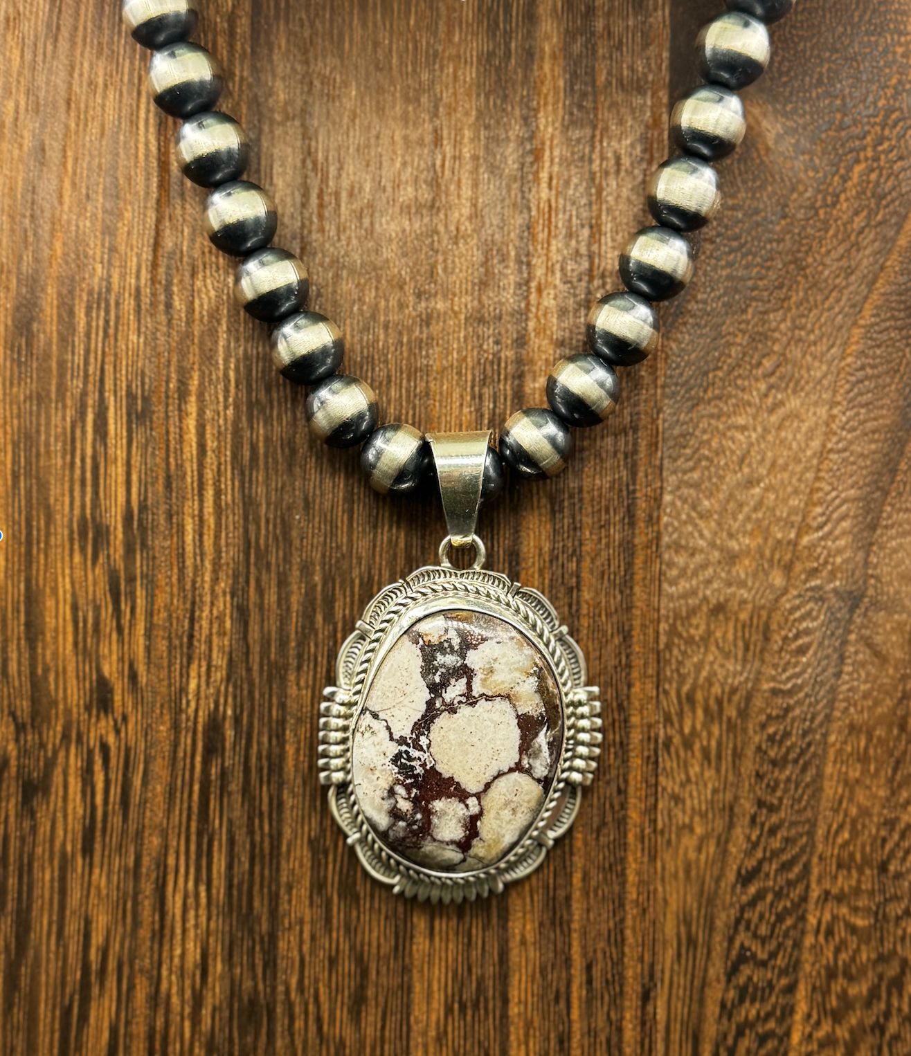 Oval Pendant with Scallops - White Horse - Sterling Silver - Native Handmade - Bennie Ration (artist)