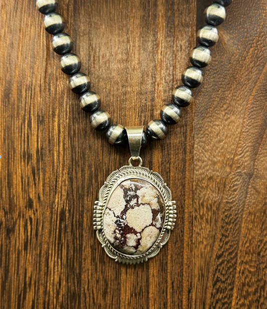Oval Pendant with Scallops - White Horse - Sterling Silver - Native Handmade - Bennie Ration (artist)
