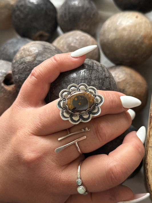 Ring with Ruffles - Fossil - Sterling Silver - Native Handmade - HH (artist) - Size Adjustable