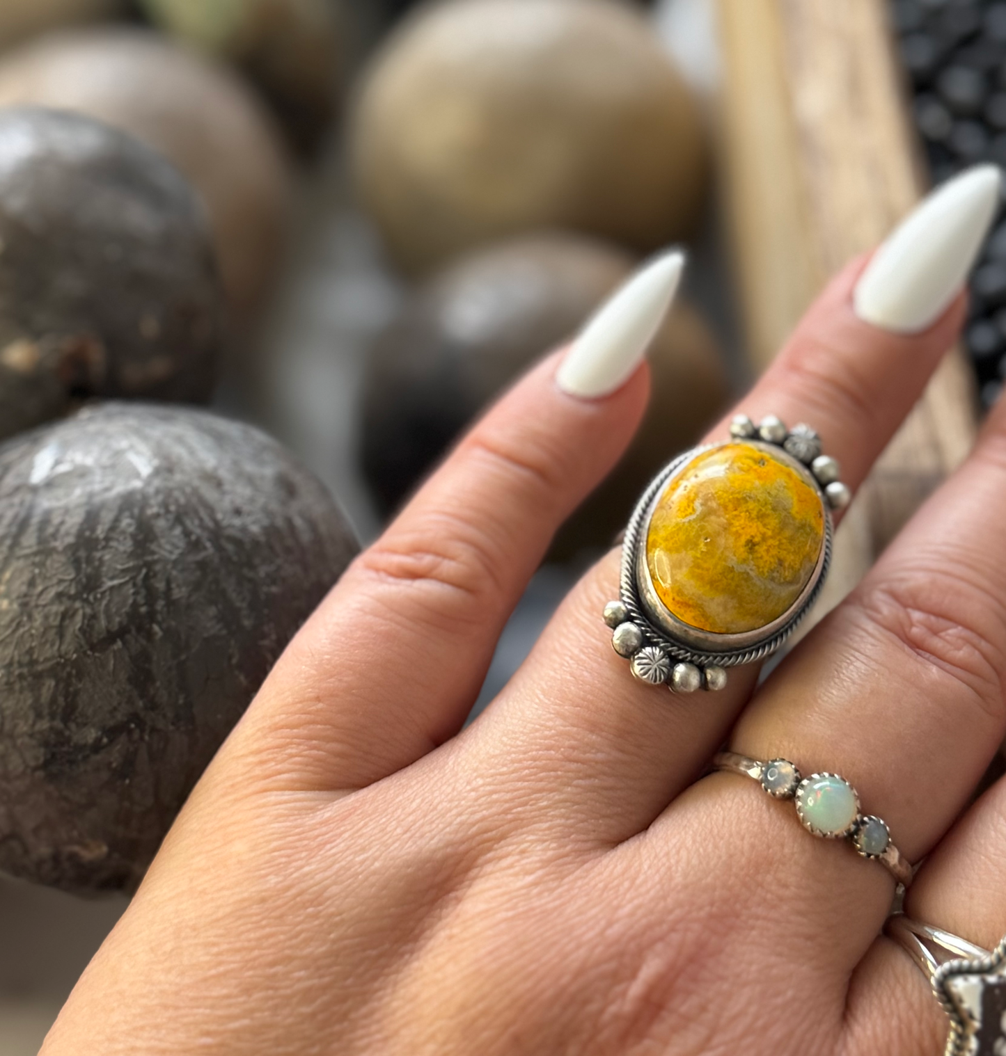 Oval Ring - Bumblebee Jasper - Sterling Silver - Native Handmade - Jameson Garcia (artist) - Size 7.75