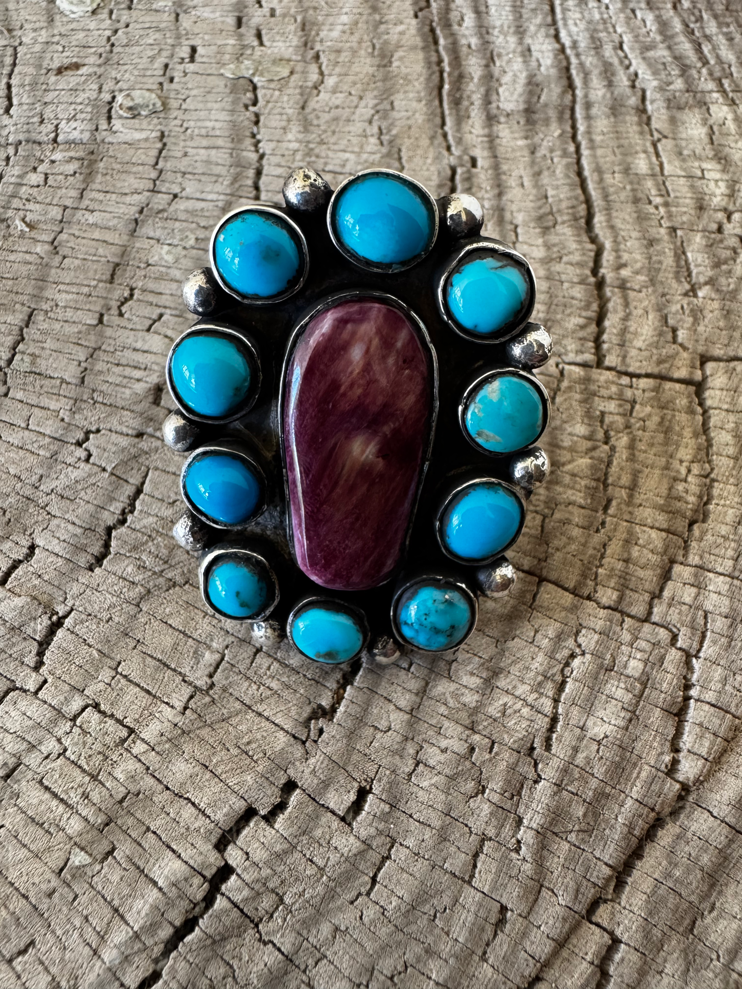 Cluster Ring - Turquoise and Purple Spiny Oyster - Navajo Handmade - Bennet and Drema Yazzie - Size 9.75