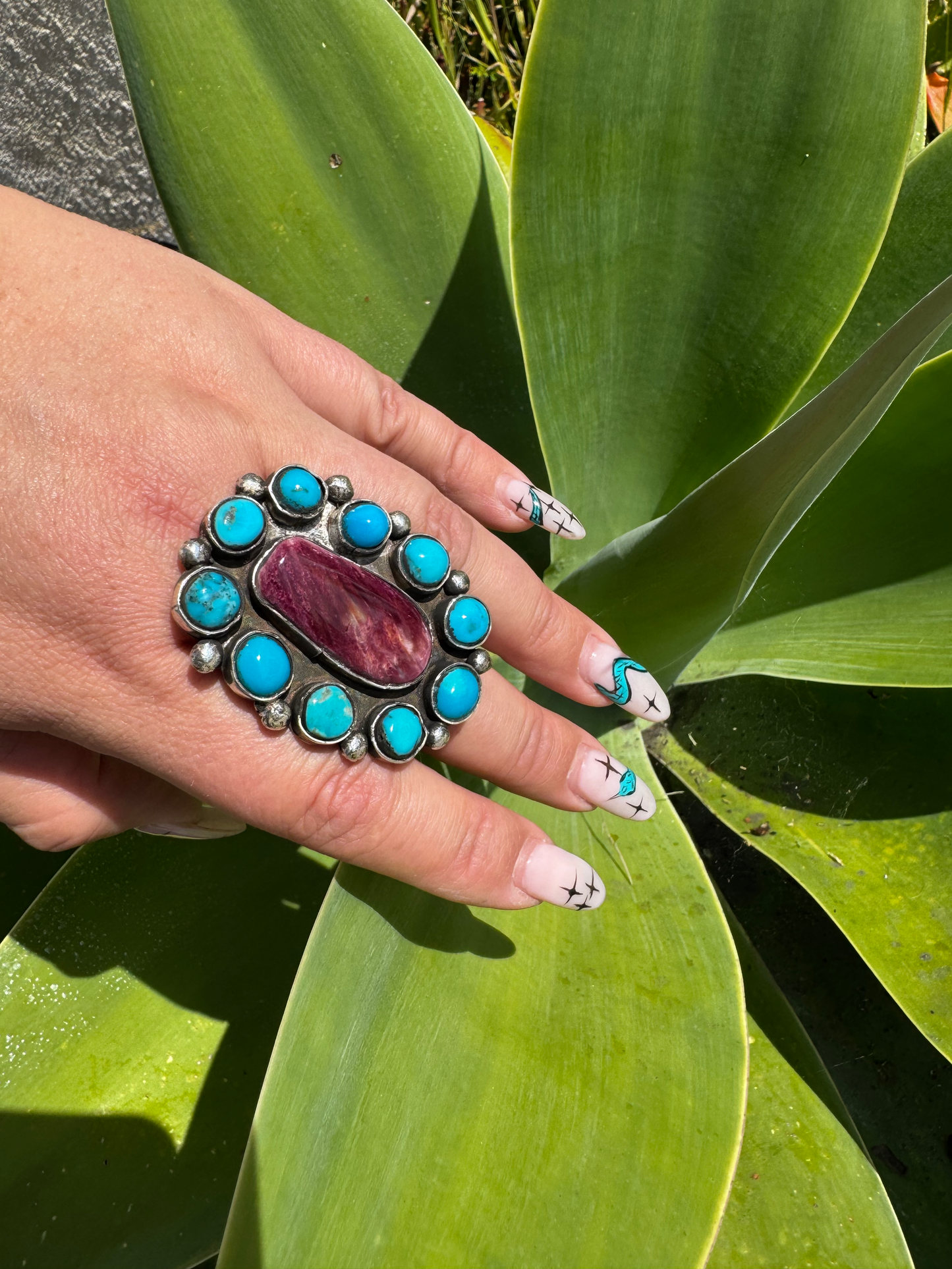 Cluster Ring - Turquoise and Purple Spiny Oyster - Navajo Handmade - Bennet and Drema Yazzie - Size 9.75