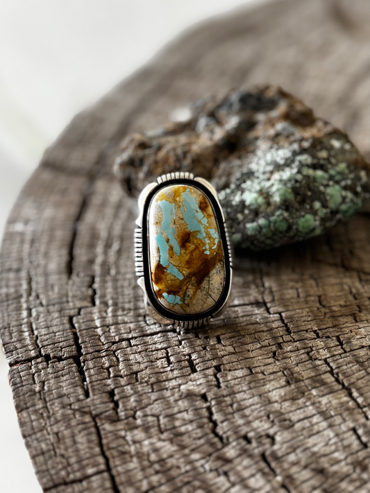 Oval Ring - Boulder Turquoise - Sterling Silver - Navajo Handmade - Lonnie Willie - Size 7.75