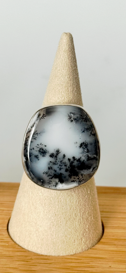 Dendritic Agate Round Ring - Sterling Silver - Size 8
