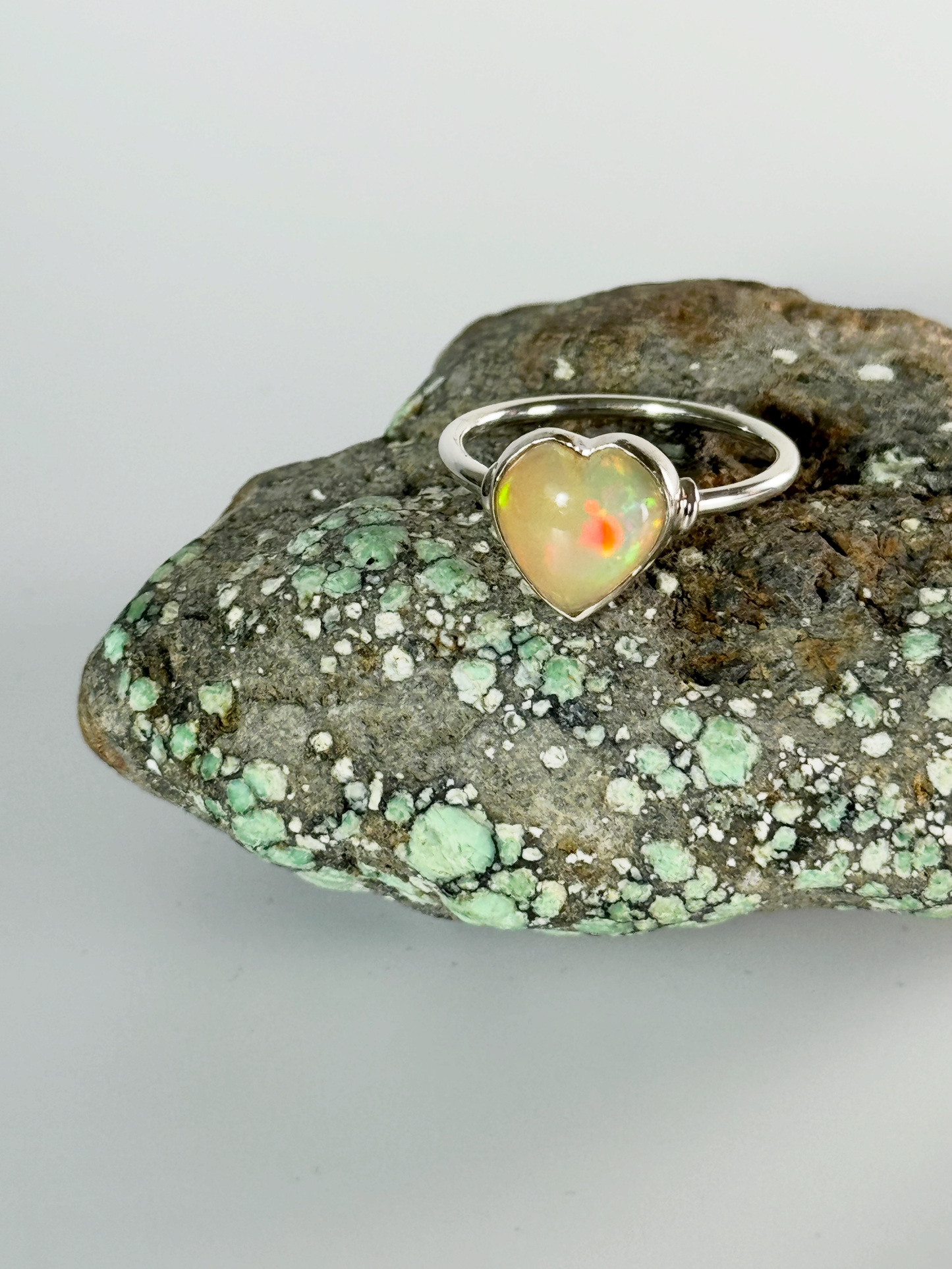 Ethiopian Opal Heart Ring - Sterling Silver - Size 9