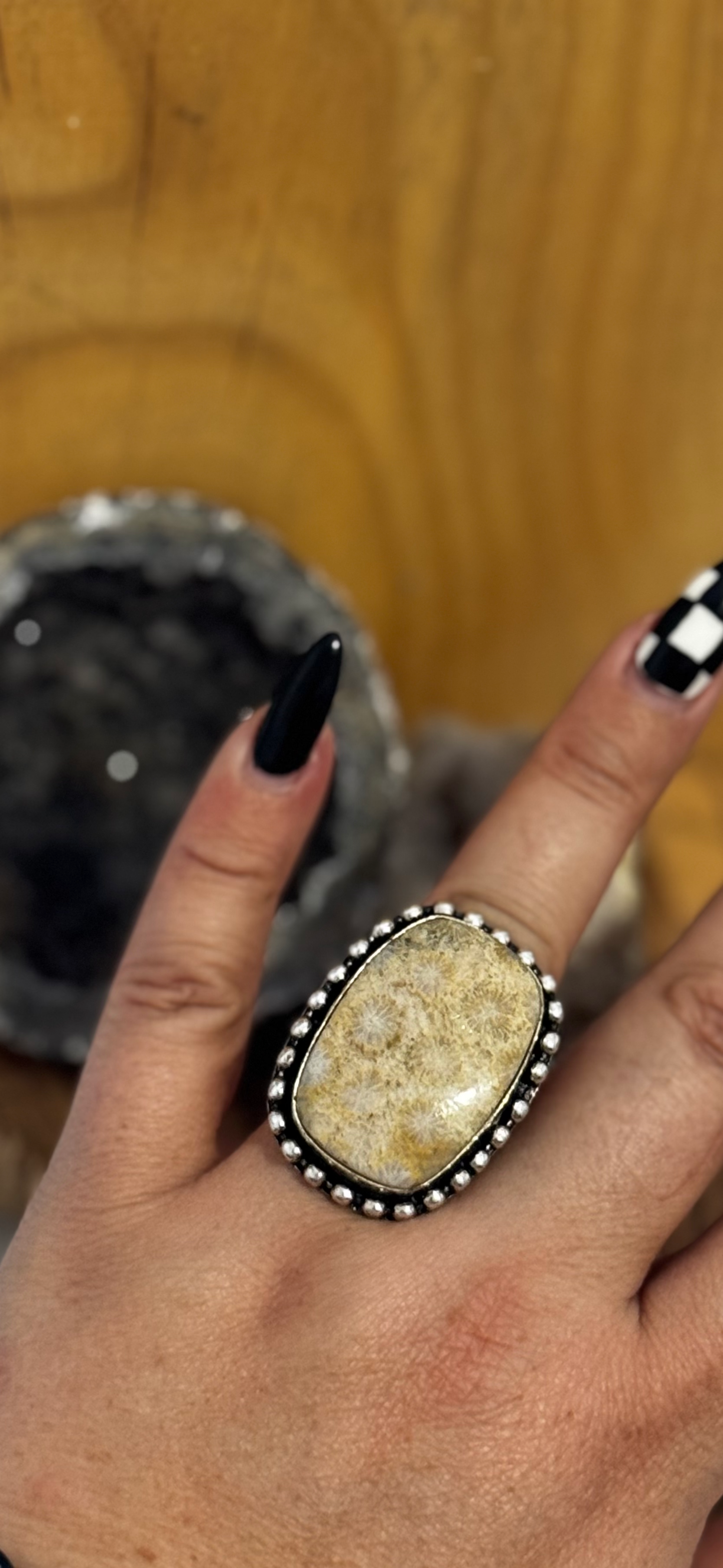 Rounded Rectangle Ring - Fossil Coral - Sterling Silver - Size 10