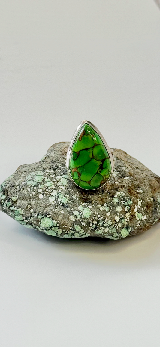 Green Copper Turquoise Teardrop Ring - Sterling Silver - Size 8